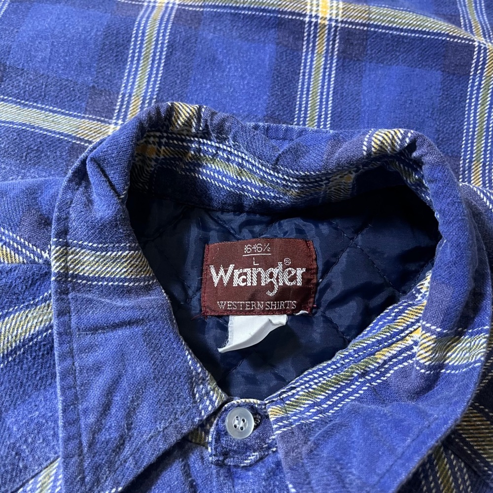 Vintage Wrangler Western Shirt Jacket Large Blue Plaid Quilted Pearl Snap 90s - Picture 3 of 13